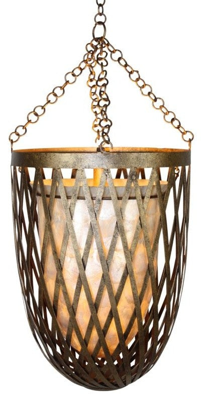 Luxe Gold Cage Pendant Hanging Light, Chandelier Lattice Capiz Shell