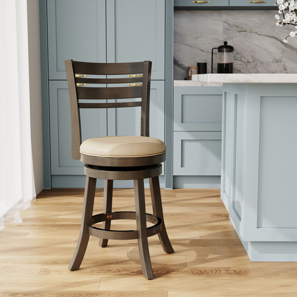 DTY Indoor Living Granby Slat Back Swivel Stool, 24" Counter Stool, Weathered Gray, French Gray