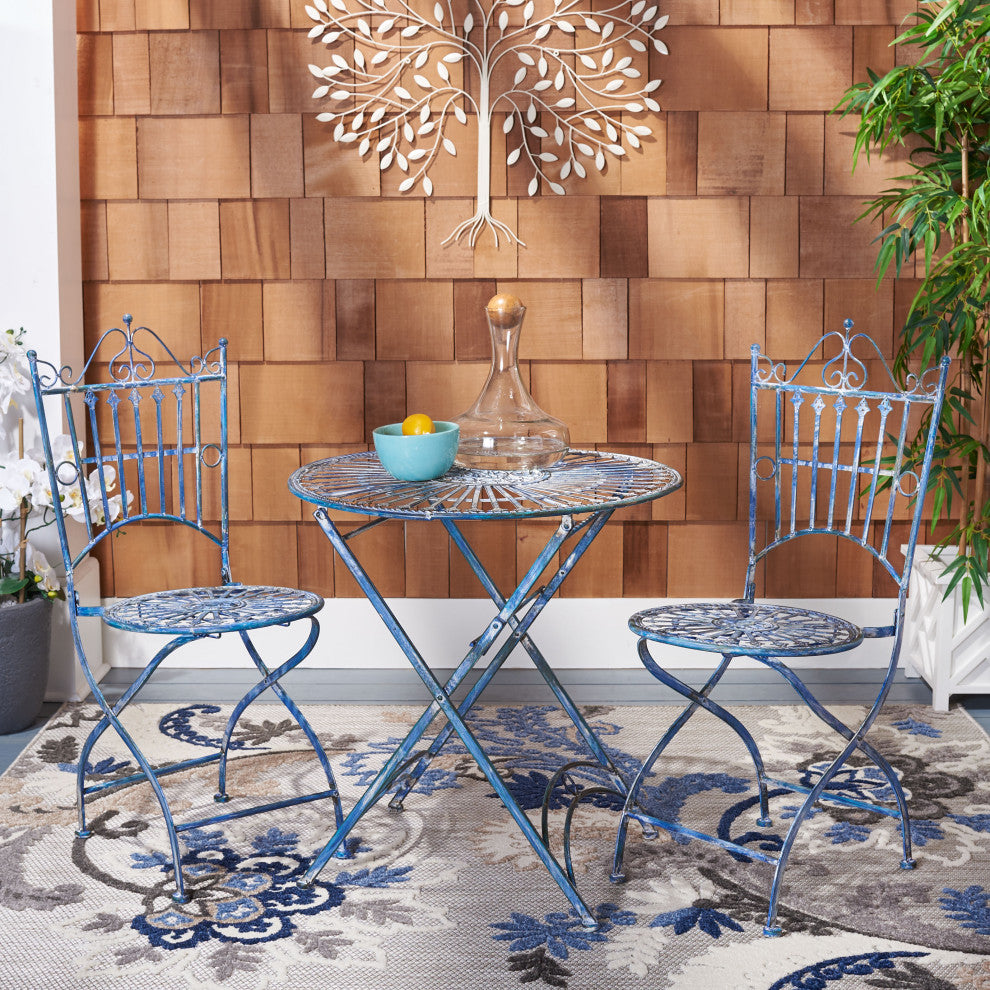 Safavieh Belen Bistro Set, One Table and Two Chairs Antique Blue