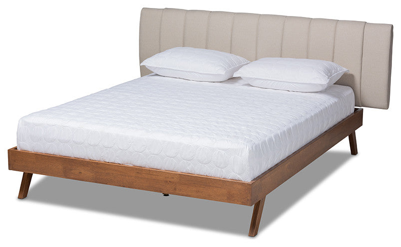 Brita Mid-Century Modern Light Beige Walnuted Wood Queen Size Bed