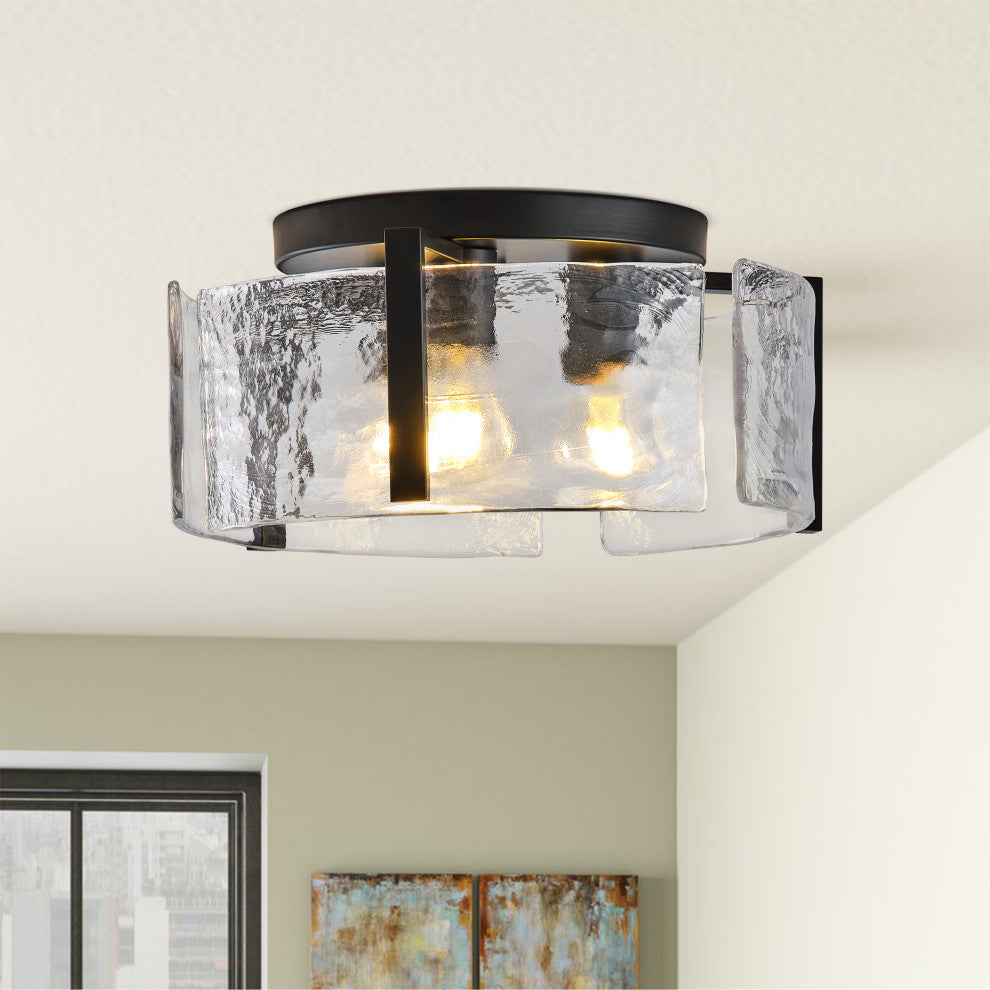 Modern Black Metal Flush Mount Ceiling Light with Curved Water Glass Panels