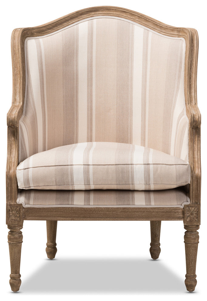 Charlemagne Traditional French Accent Chair, Oak, Brown Stripe