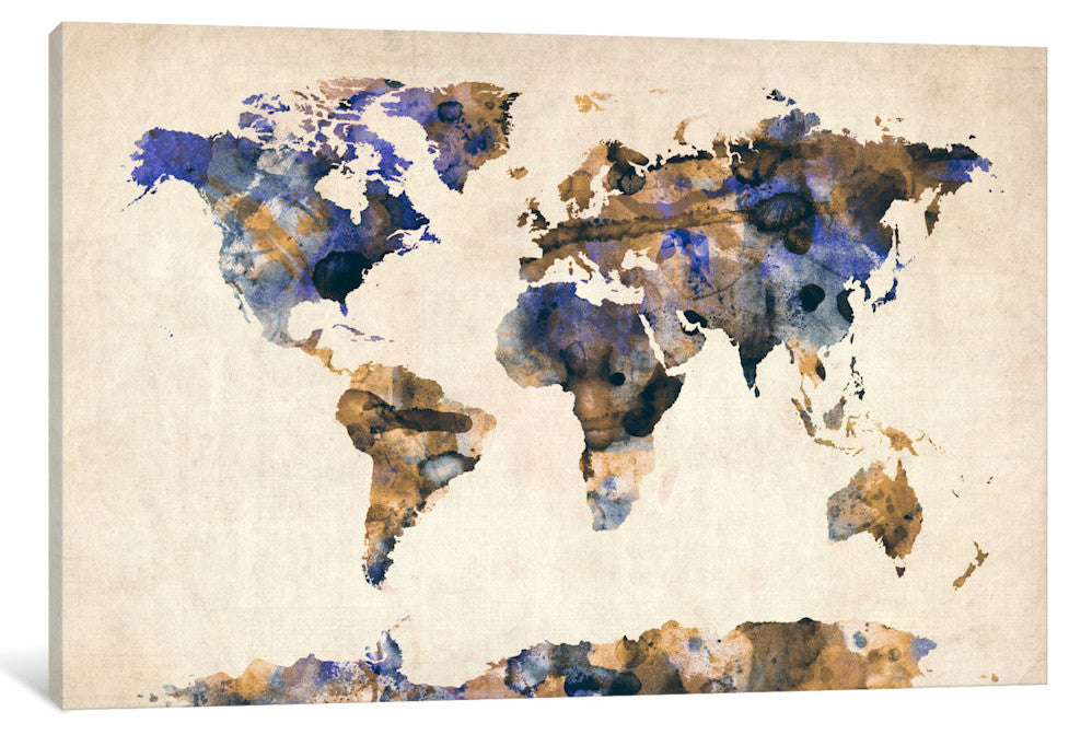 "Urban Watercolor World Map V" by Michael Tompsett, 40x26x1.5"