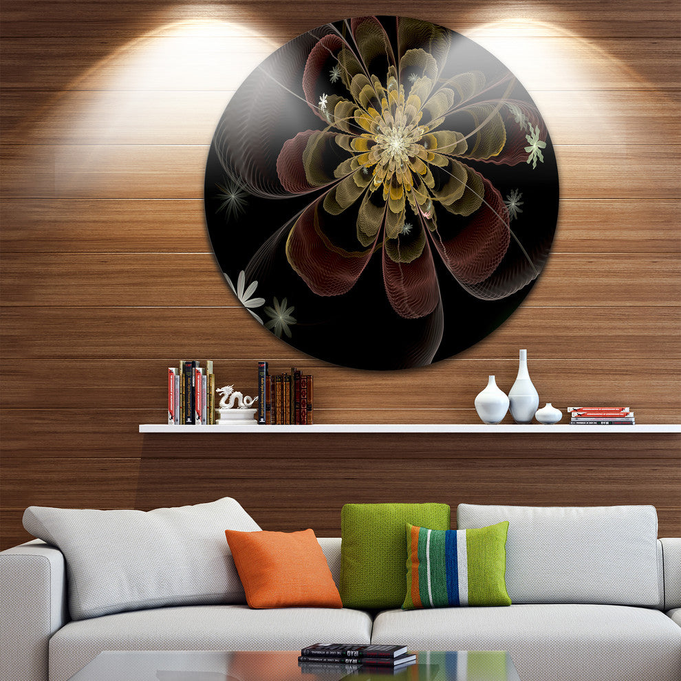 Brown Fractal Flower With Silver Stars, Floral Round Wall Art, 23"