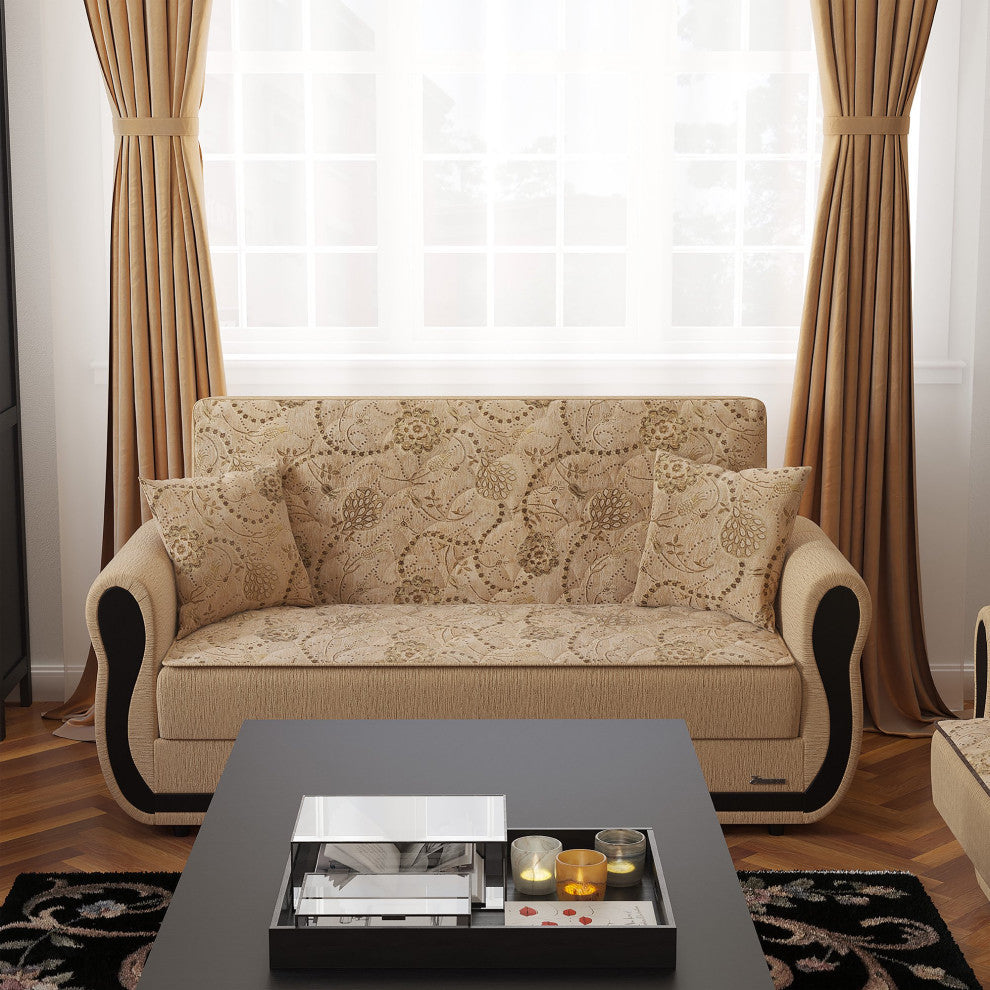 Convertible Loveseat, Padded Chenille Fabric Seat With Floral Pattern, Beige