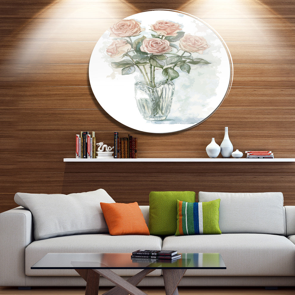 Pink Roses Bunch In The Vase, Modern Flower Disc Metal Wall Art, 11"