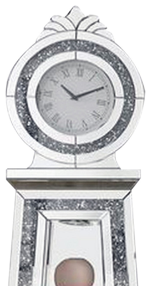 Benzara BM269090 Mirrored Grandfather Clock With 3 Open Compartments, Silver