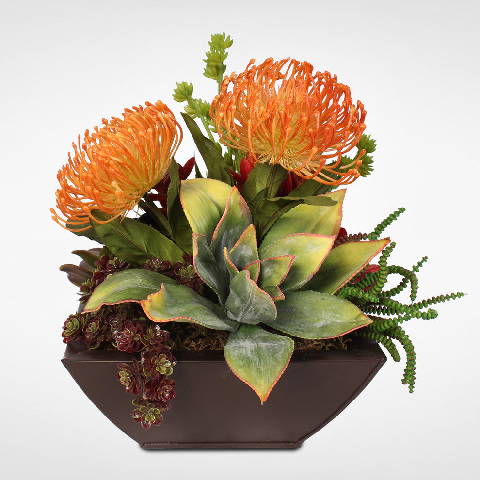 Contemporary Tropical Artificial Succulent Arrangement in a Metal Container
