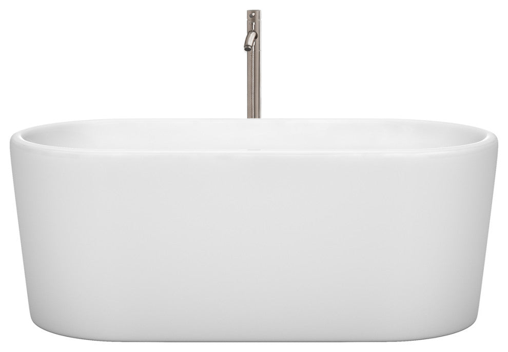 Ursula 59" Freestanding White Bathtub, Brushed Nickel Tub Filler & Trim