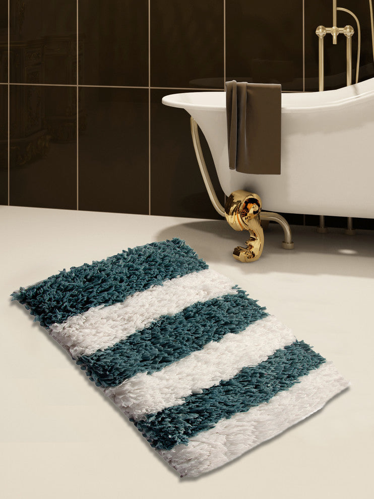 Bath Rug Polyester/Viscose/Cotton Hand Loom Woven, 34"x21", White and Blue