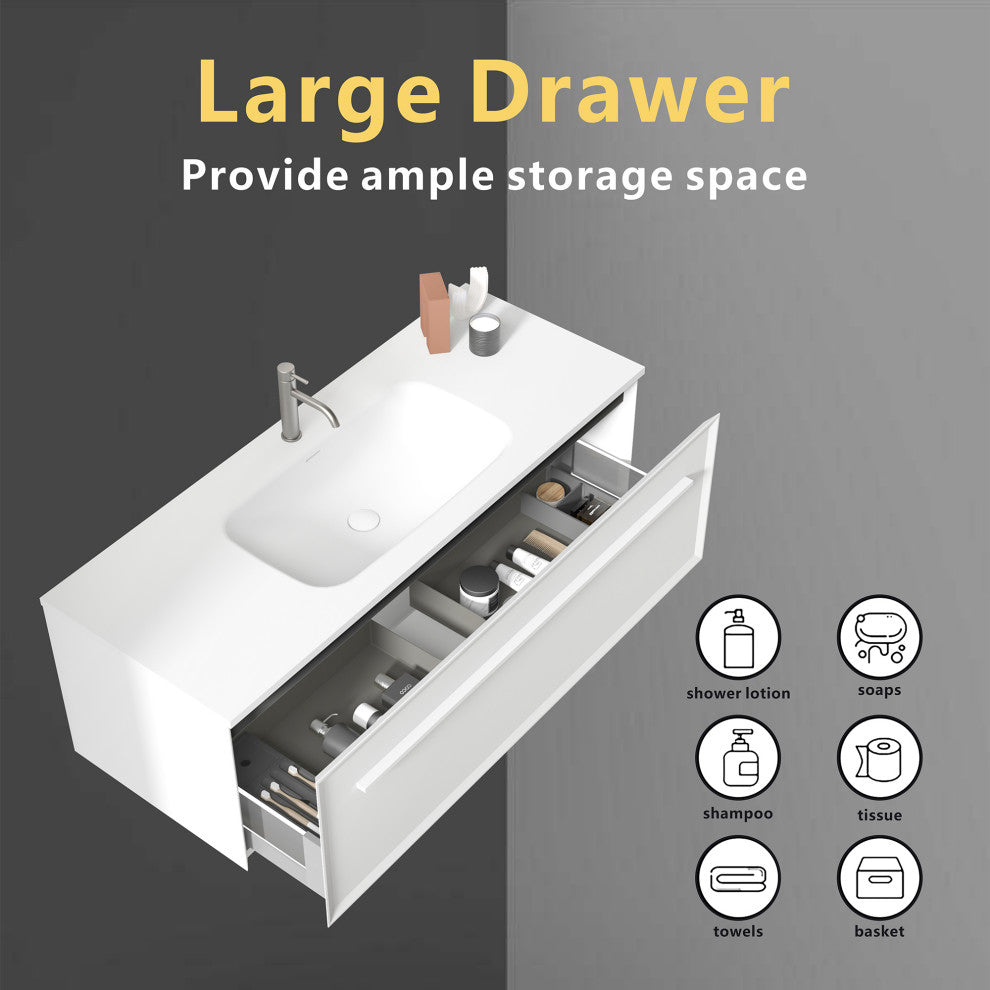 Nevia Wall Mounted Floating Bathroom Vanity with White Solid Surface Sink, 48"