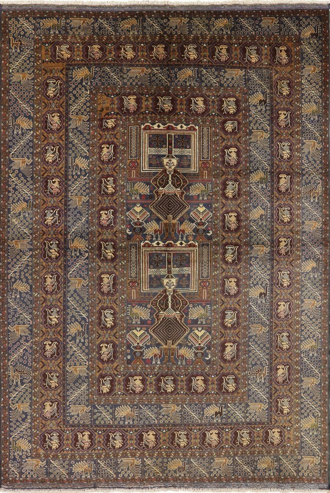 Tribal Hand-Knotted Afghan Wool Navy Blue Rug, 7'x10'