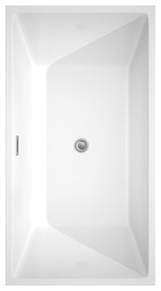 Sara 59" Freestanding White Bathtub, Brushed Nickel Drain and Overflow Trim