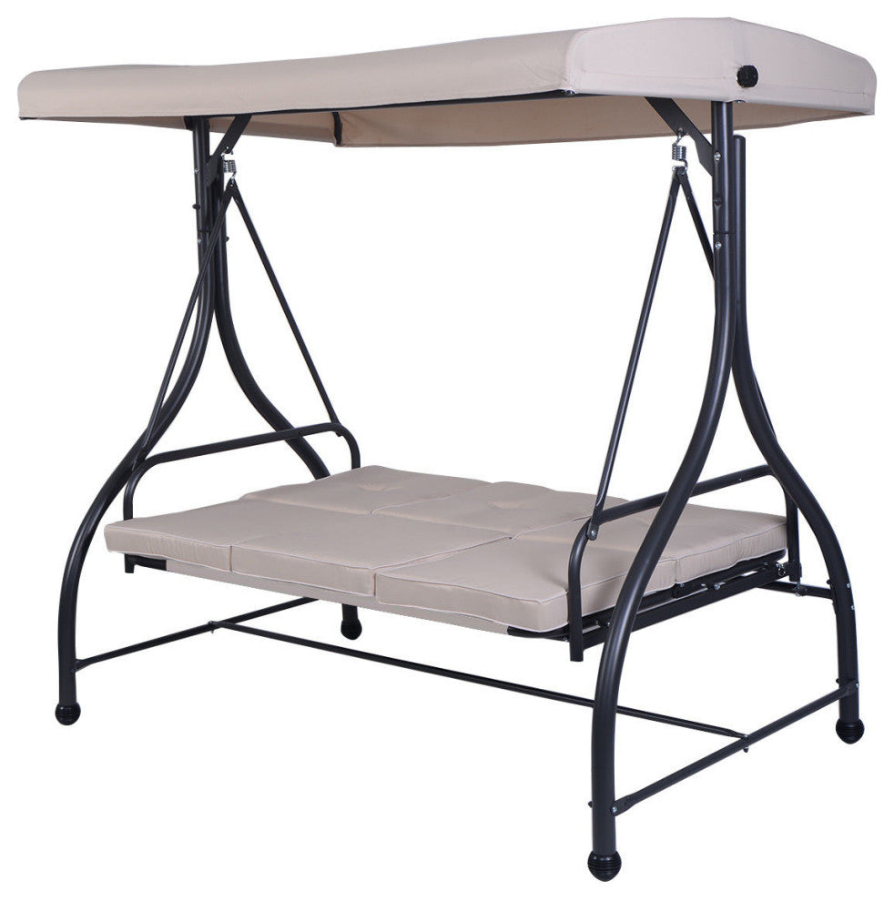 Costway Converting Outdoor Swing Canopy Hammock 3 Seats Patio Furniture beige