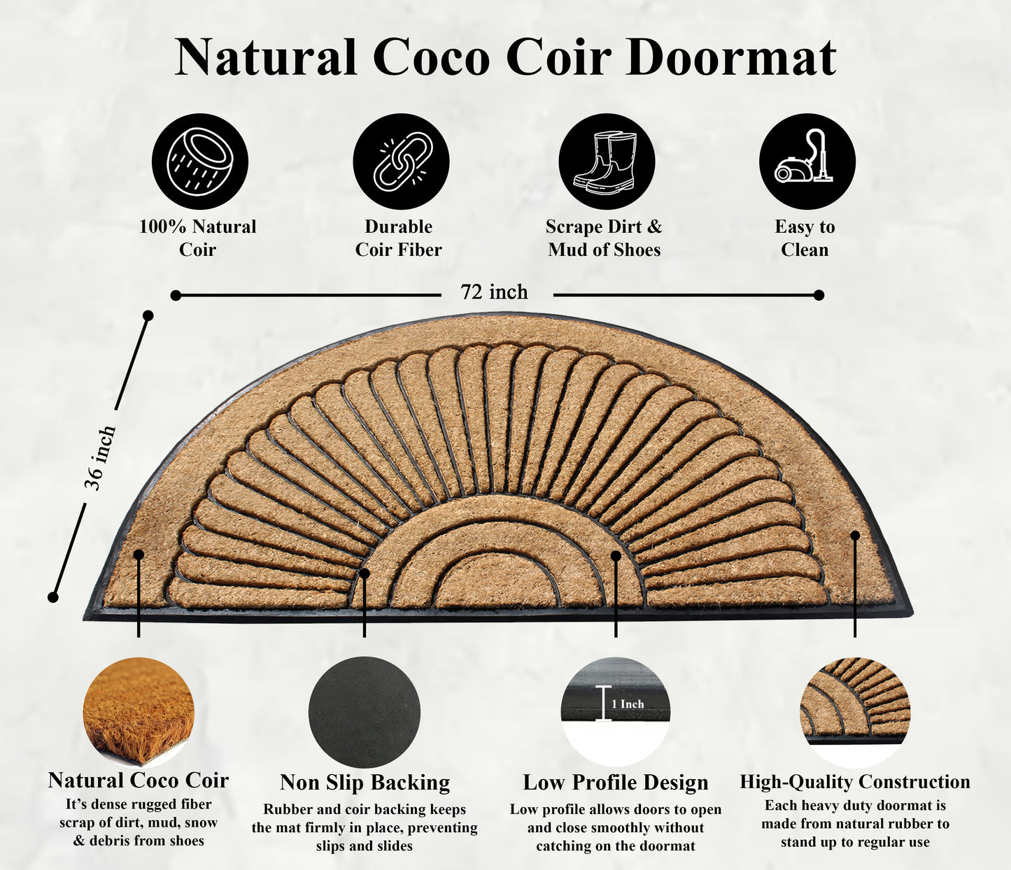 A1HC Unique Sunburst Tapered Edge Half-Moon Double Doormat 36"X72"