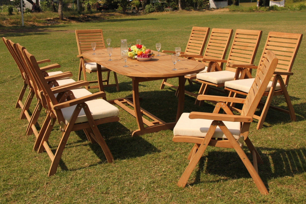 11-Piece Outdoor Teak Dining Set, 94" Masc Oval Table 10 Ashley Reclining Chairs