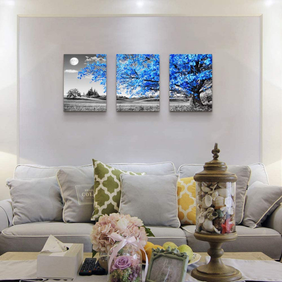 Wall Art For Living Room black and white Blue tree moon Canvas Wall Decor