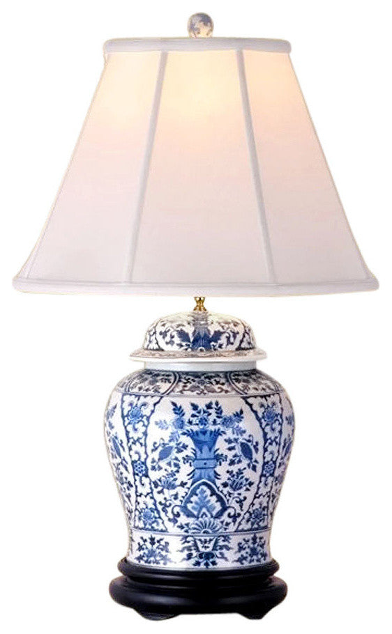 Blue and White Porcelain Temple Jar Table Lamp Chinoiserie Floral 29"