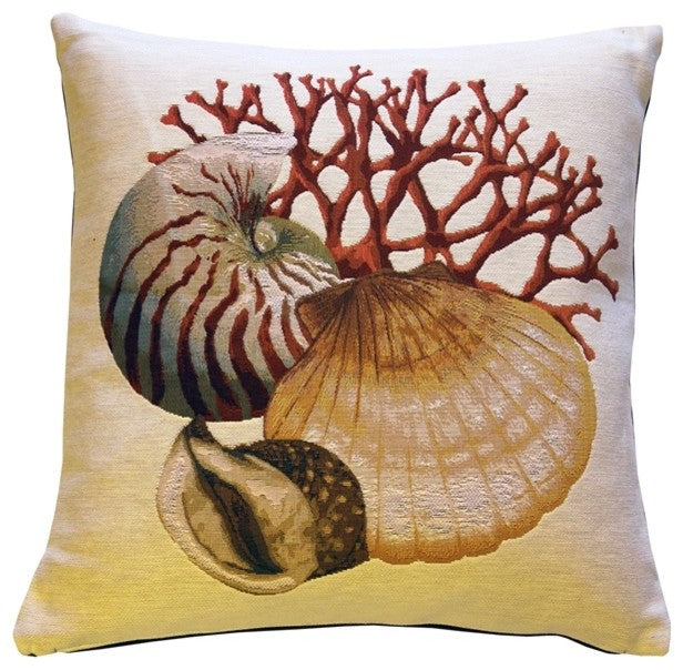 Pillow Decor - Coral and Shells Cream Nautical Throw Pillow