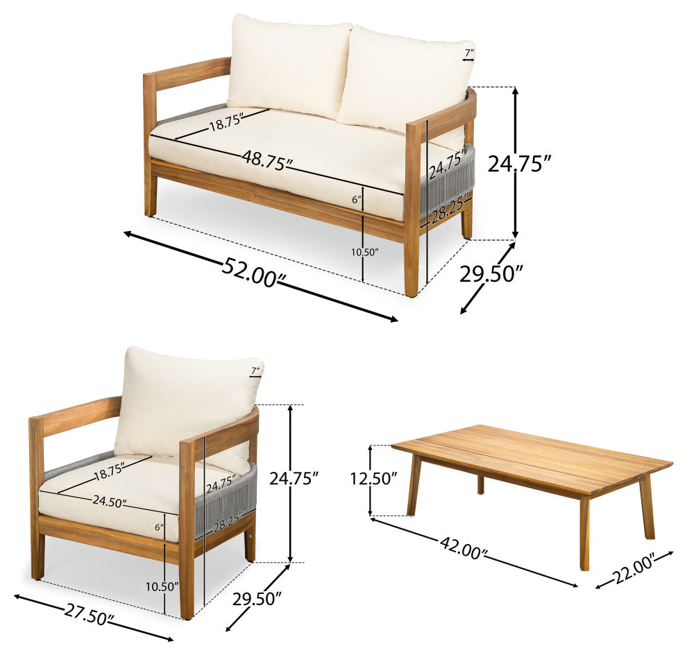 GDF Studio 4-Piece Outdoor Acacia Wood Chat Set With Cushions, Rattan Accents