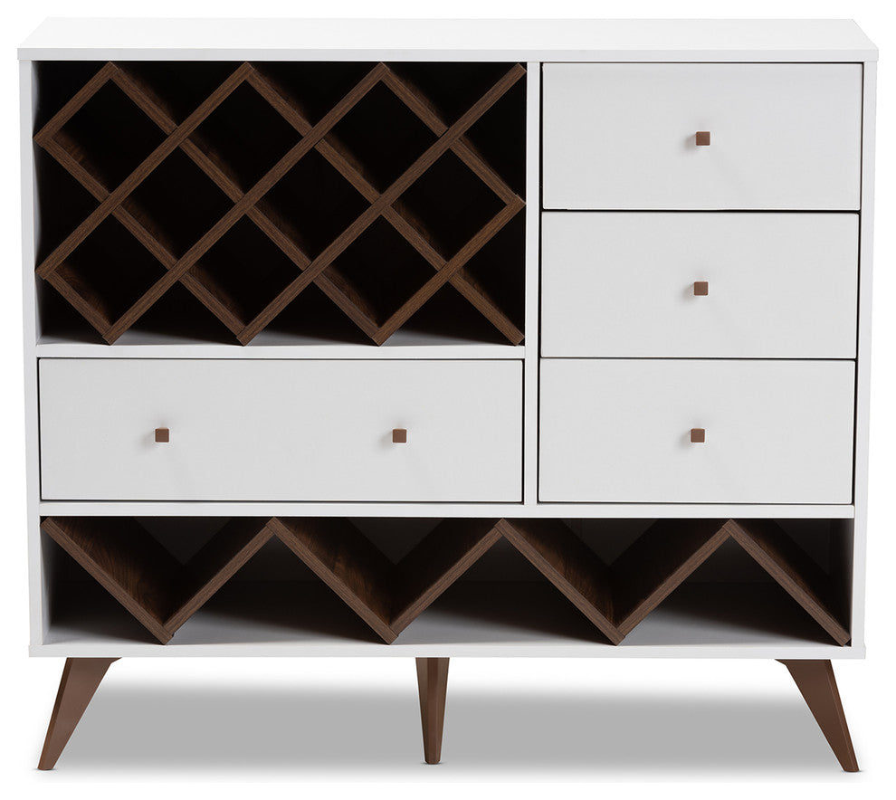 Jule Mid-Century Modern White and Walnut Wood Wine Cabinet