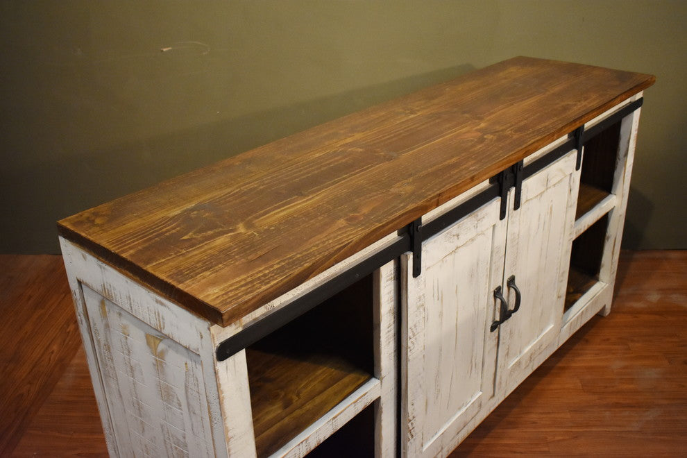 Rustic 68" White Barn-Door Media Console
