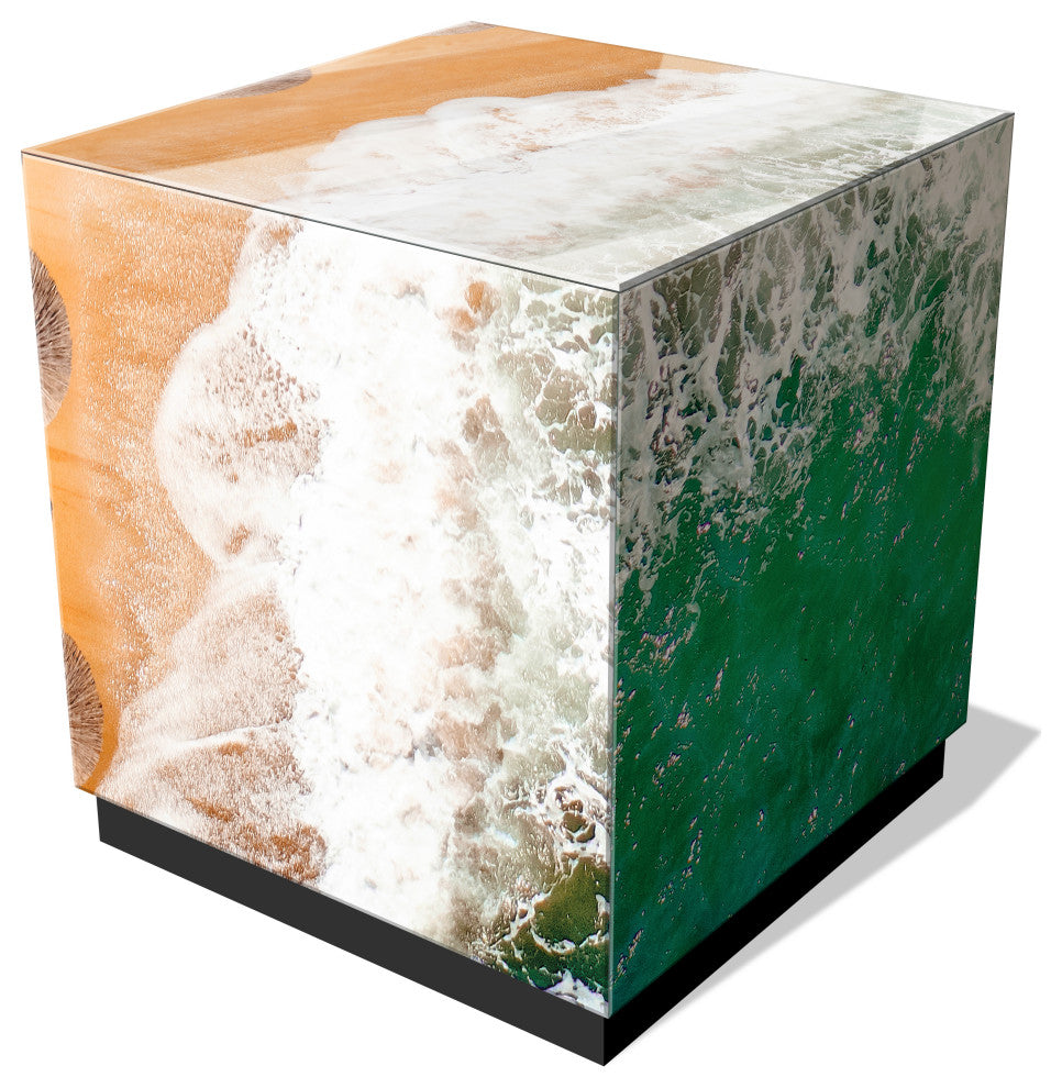 "Beach Bliss II" Reverse Printed Beveled Glass Side Table with Black Plinth Base
