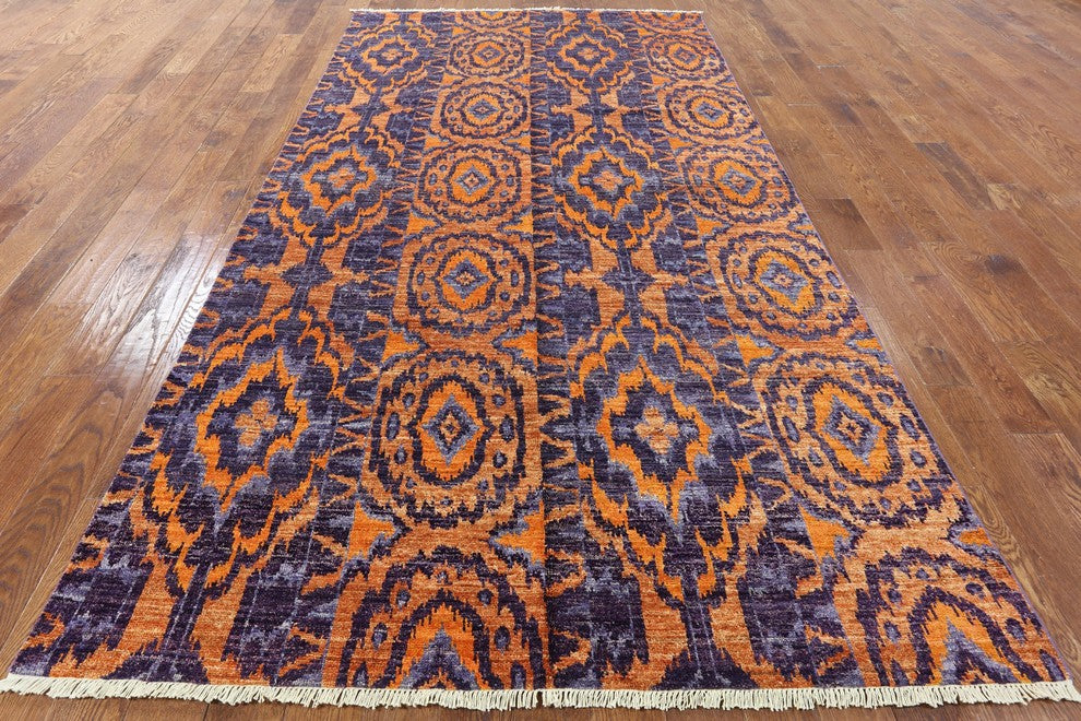 Unique Size 6'x12' Purple and Orange Kaitag Hand Knotted Wool Area Rug H8821
