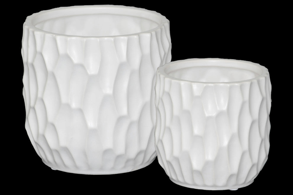 Cylindrical Pots, Wide Mouth and Embossed Rectangle Design Body, 2-Piece, White