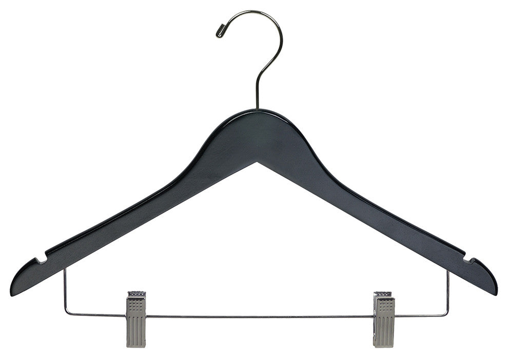 Black Rubberized Wooden Combo Hangers With Clips, Box of 25