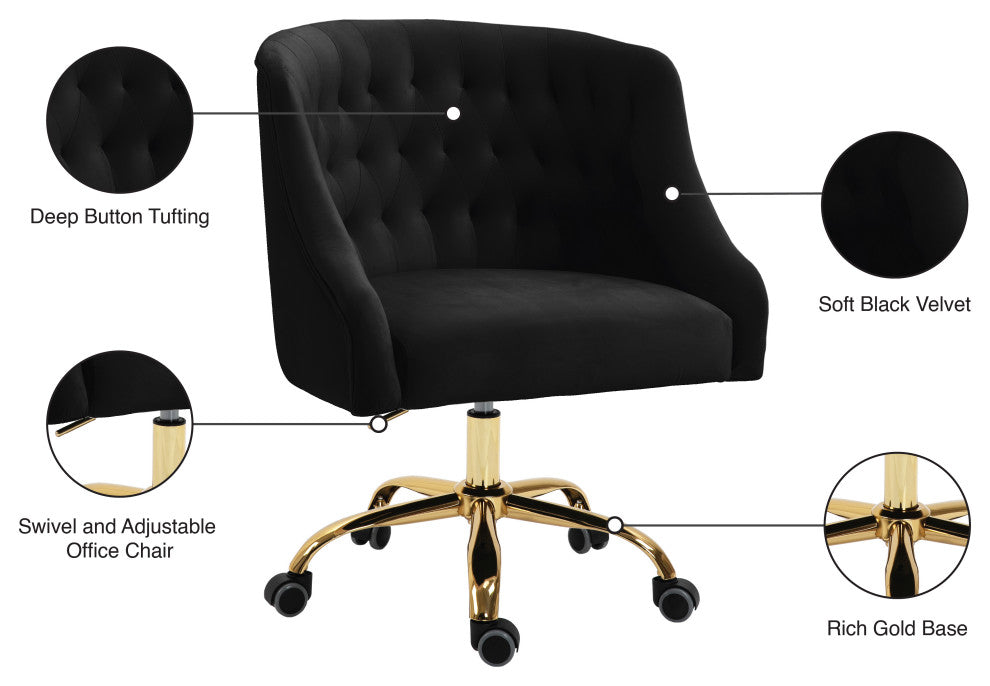 Arden Swivel and Adjustable Velvet Upholstered Office Chair, Black, Gold Base