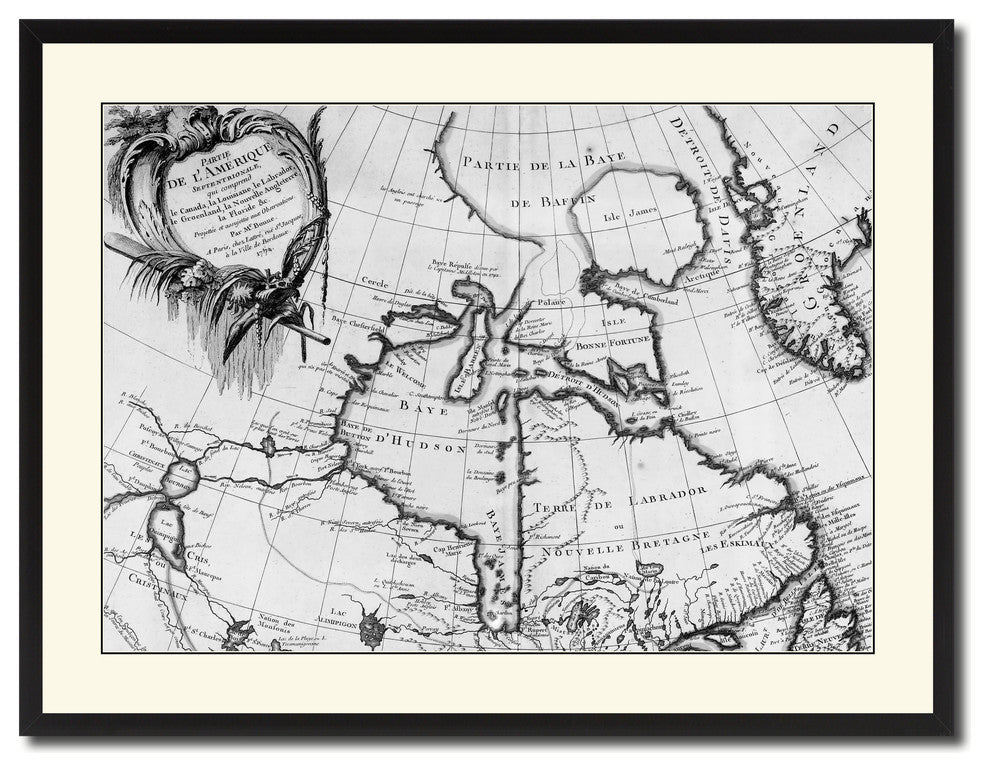 North East Canada & Greenland Vintage B&W Map Canvas Print, 28"x37"