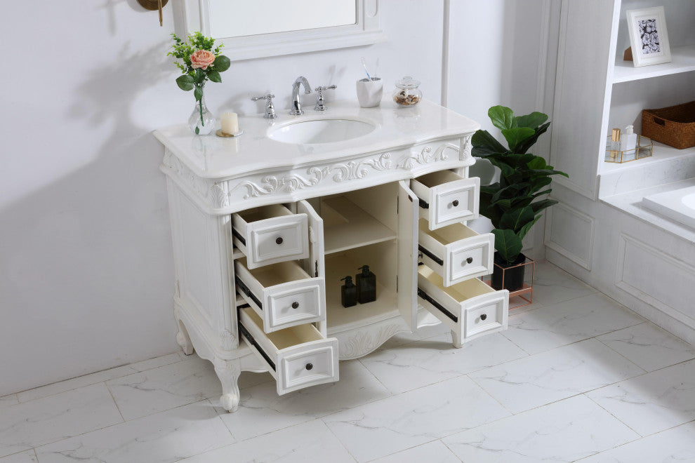 42" Single Bathroom Vanity, Antique White With Ivory White Engineered Marble