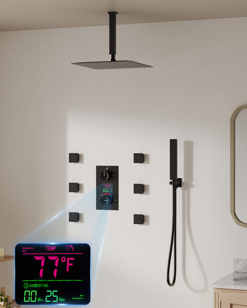 Digital Shower System 12" Rainfall Shower Head With 6 Body Jets, Matte Black