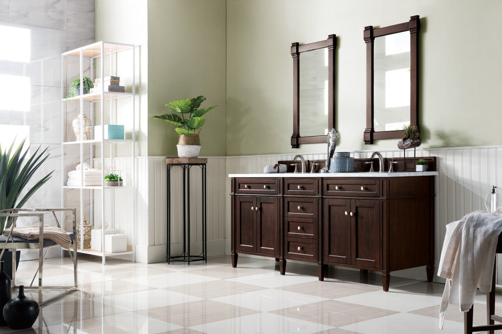 Brittany 72" Burnished Mahogany Double Vanity, Carrara Marble