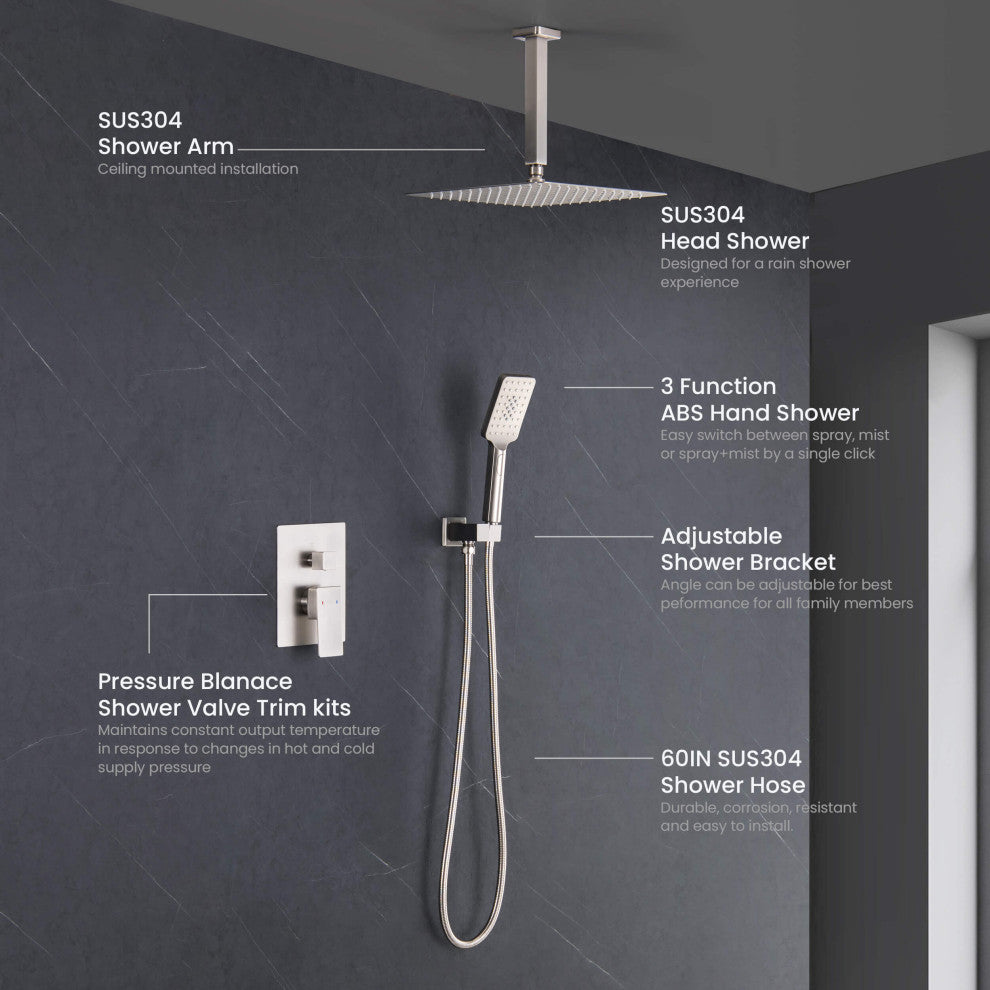 Ceiling Mounted 2-Function Shower System, Rough, Valve, Brushed Nickel