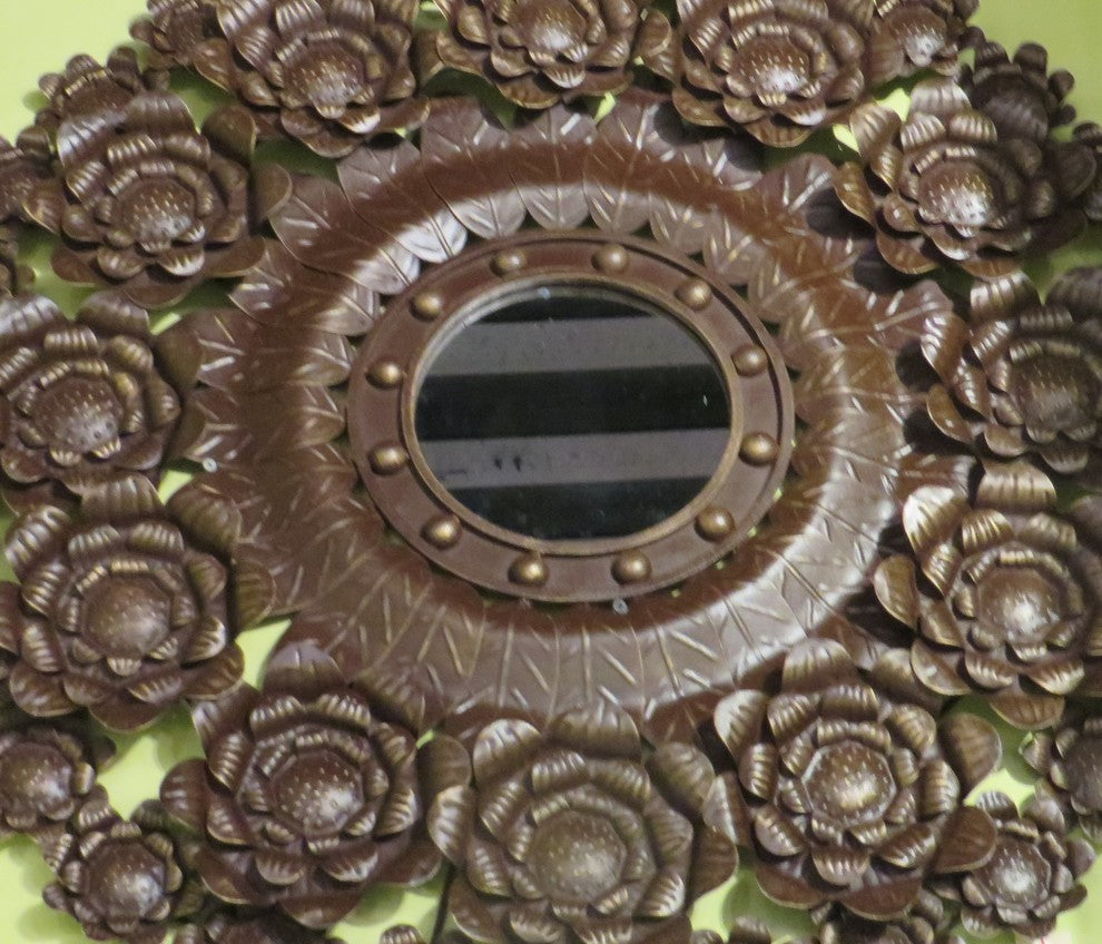 35" Iron Floral Wreath Mirrored Wall Art, Large Metal Indoor Outdoor Garden