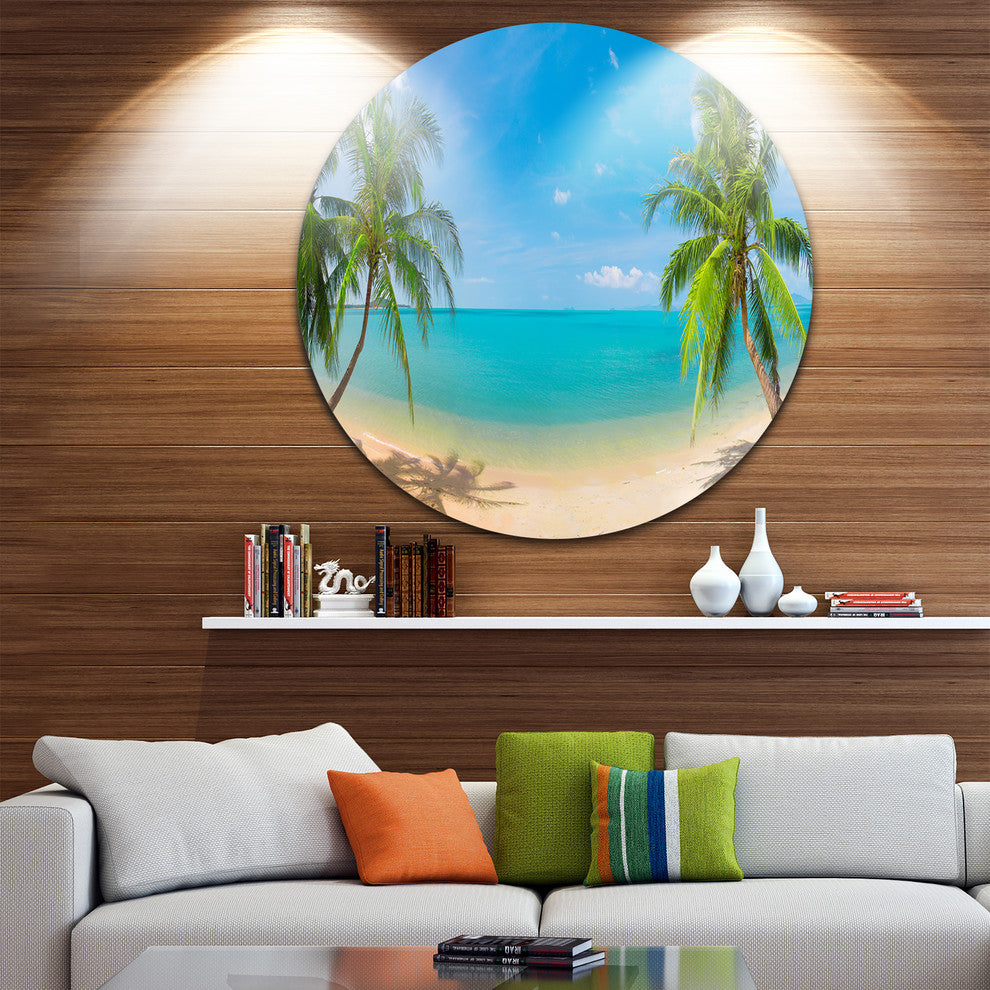 Tropical Beach With Coconut Trees, Landscape Photo Round Wall Art, 23"