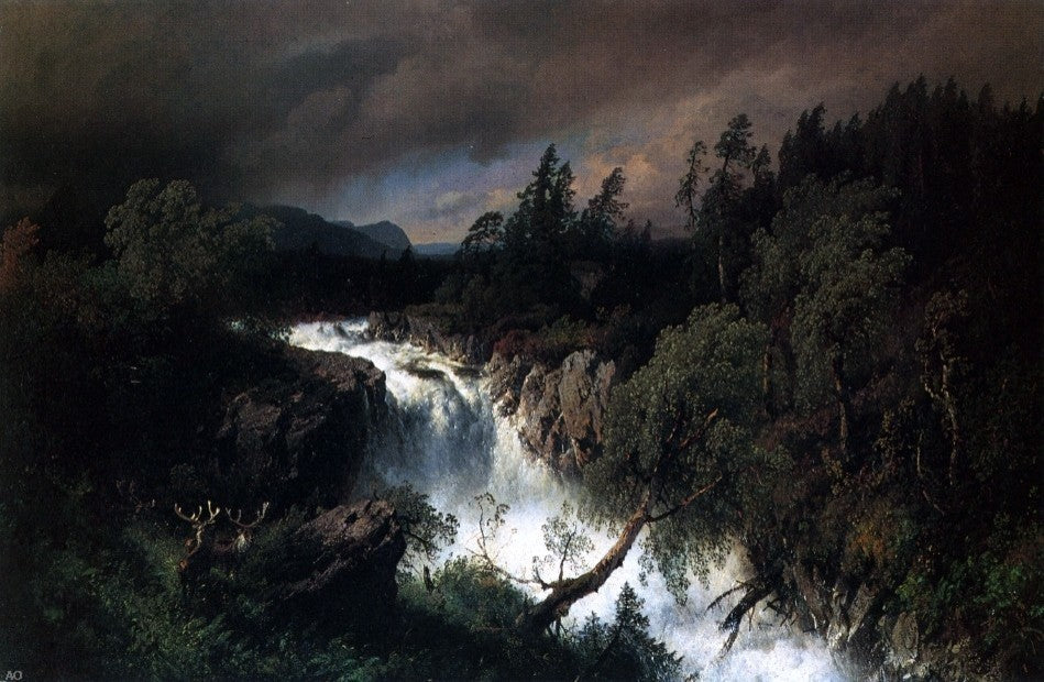 Herman Herzog Mountain Landscape and Waterfall Premium Canvas Print