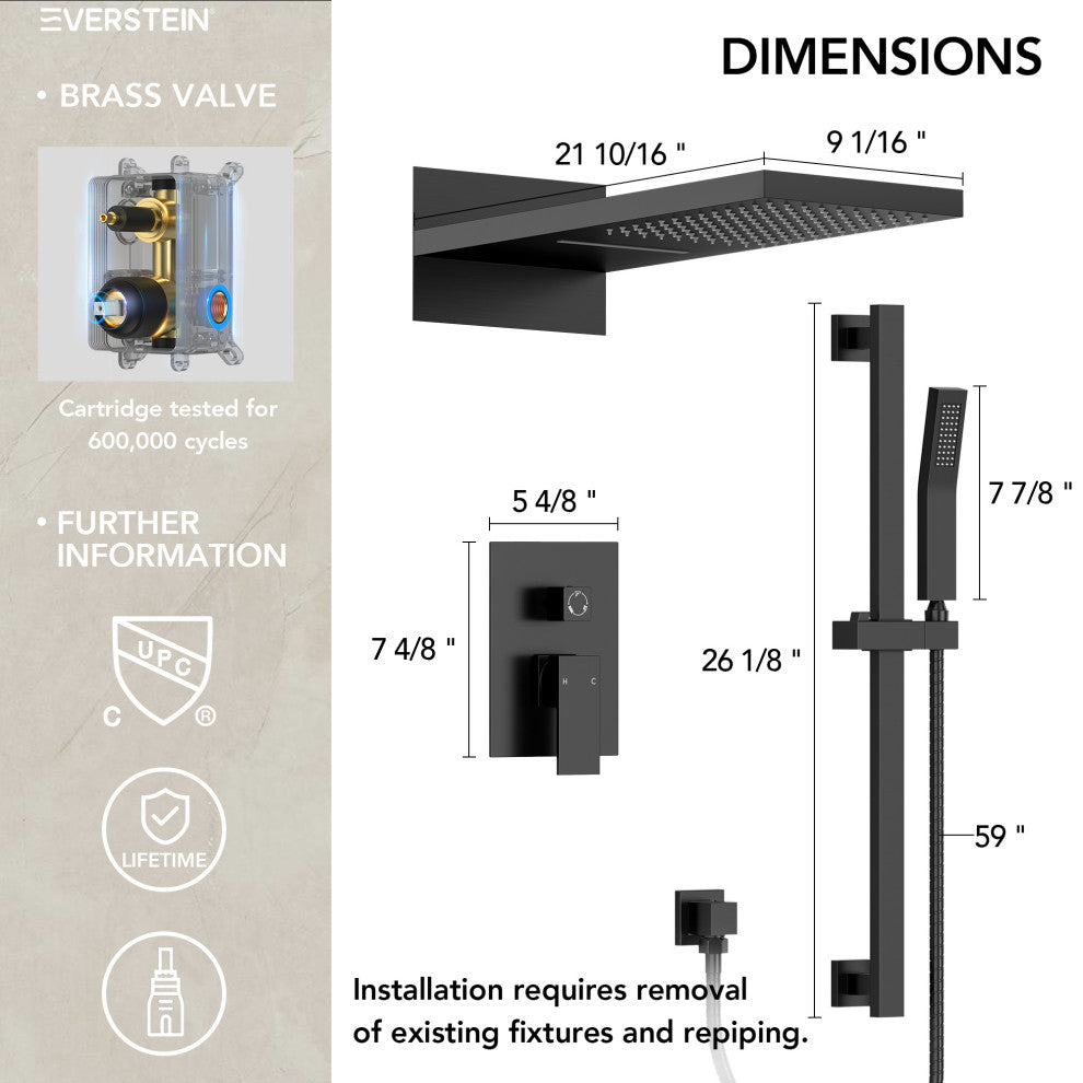 Dual-Function Waterfall & Rainfall Shower Faucet Set With Rough-In Valve, Matte Black