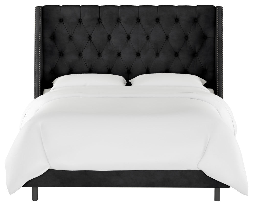 Williams Full Nail Button Wingback Bed, Velvet Black