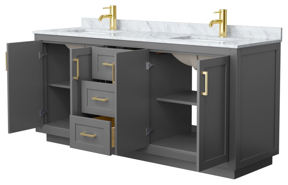 72" Double Bathroom Vanity, Dark Gray, Carrara Countertop, Sinks, Gold Trim