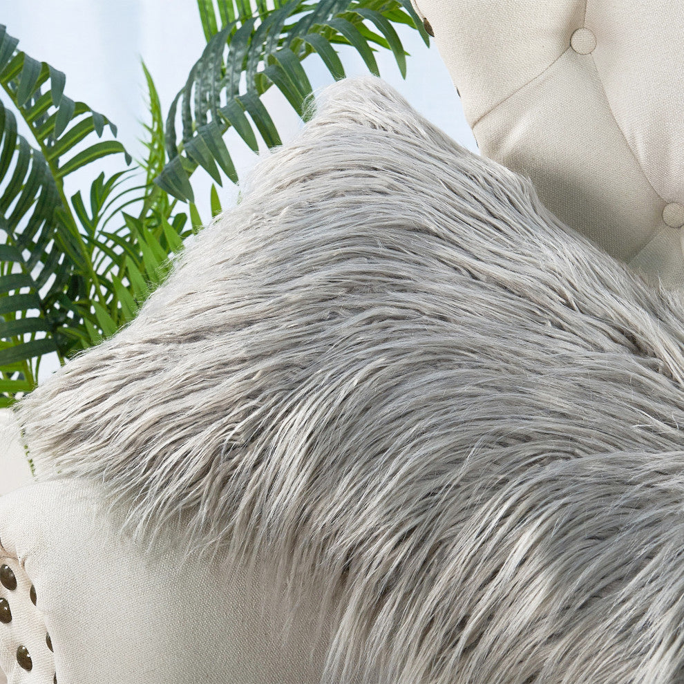 Mongolian Faux Fur Pillow Shell Set, Gray, 14"x26"