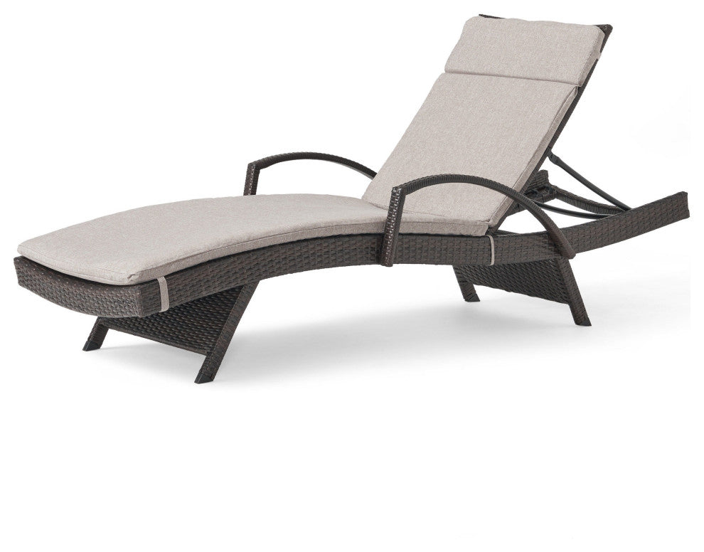 GDF Studio Ann Outdoor Wicker Adjustable Chaise Lounge, Arms With Cushion, Charc