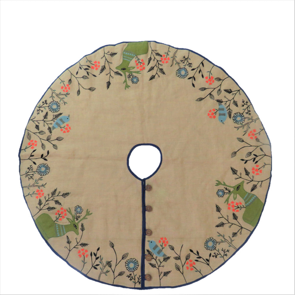 Handmade Christmas Tree Skirt in Jute, Embroidered Forest Scene, 60"