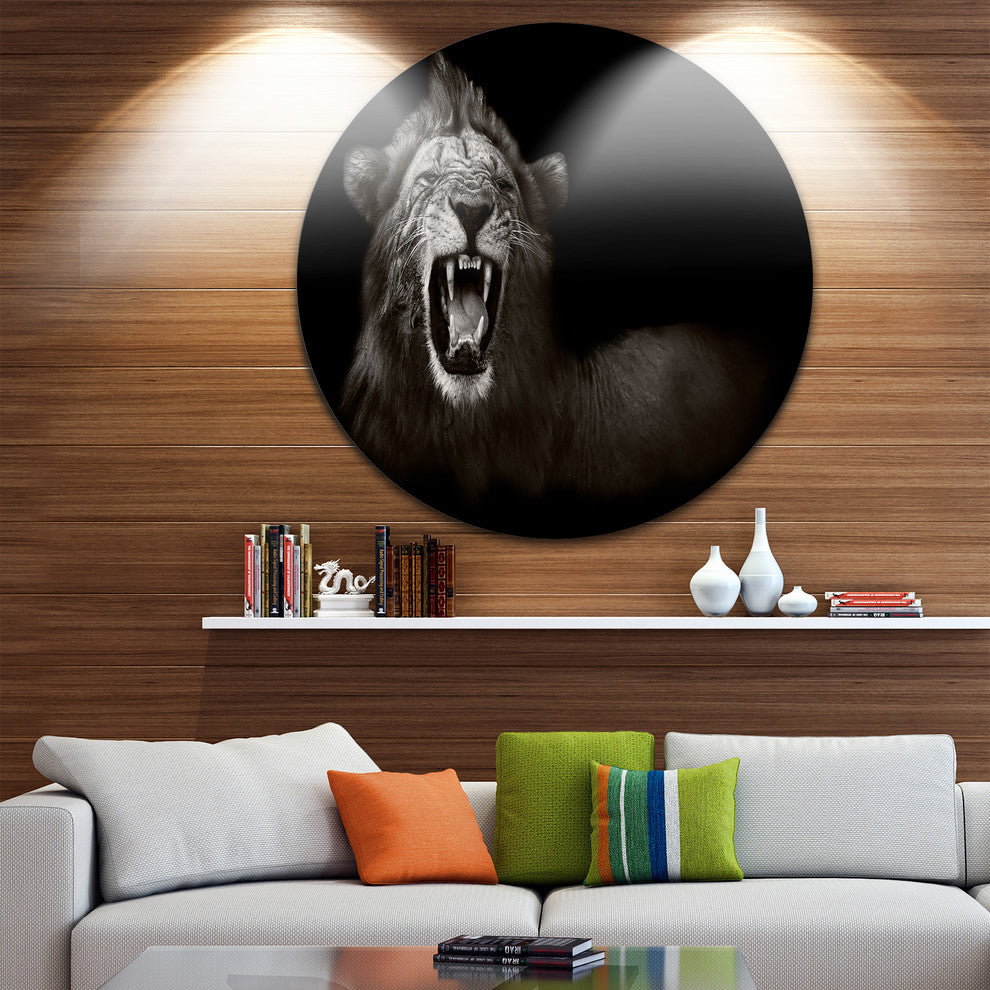 Lion Displaying Fiery Face, Animal Digital Art Round Metal Artwork, 11"