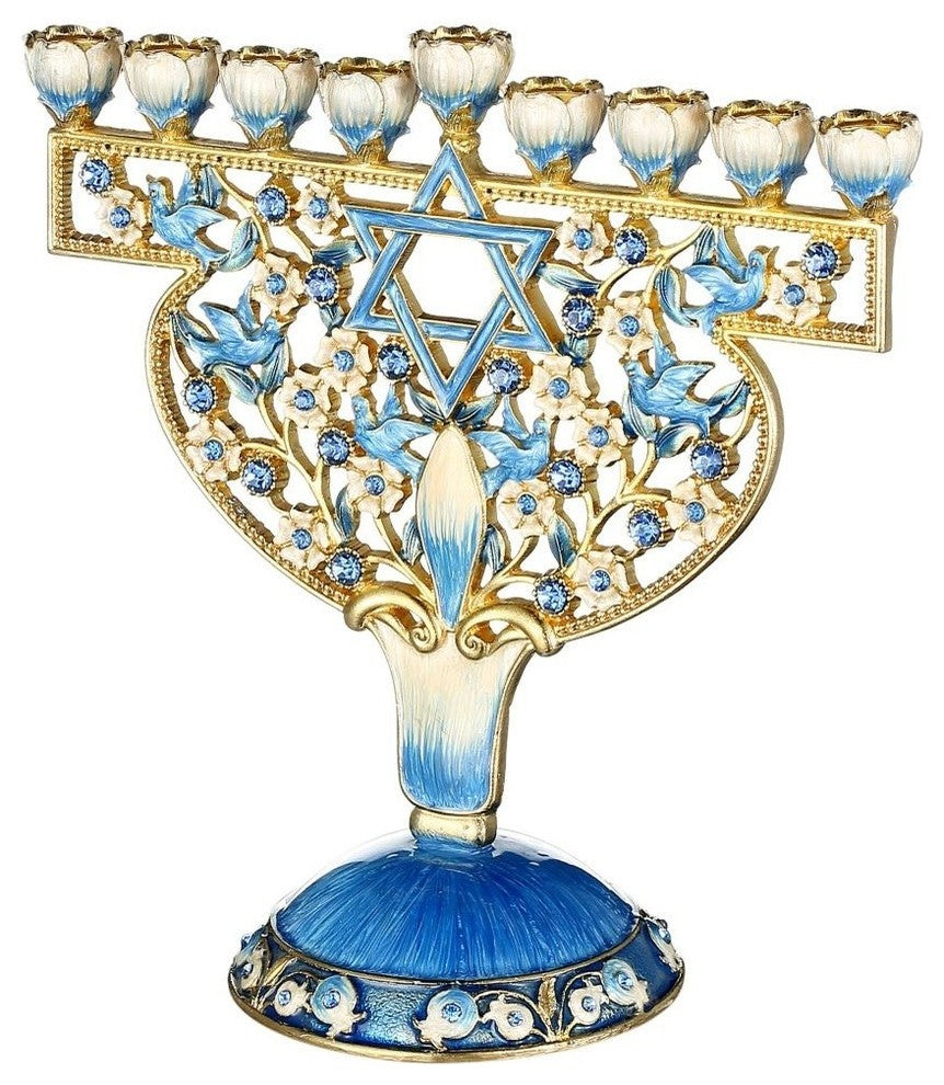 Hand Painted Enamel Menorah Candelabra With Doves and Flowers