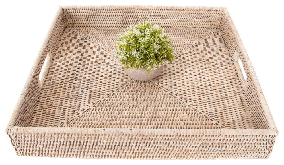 Artifacts Rattan™ Square Ottoman Tray with Cutout Handles, White Wash, 16"x16