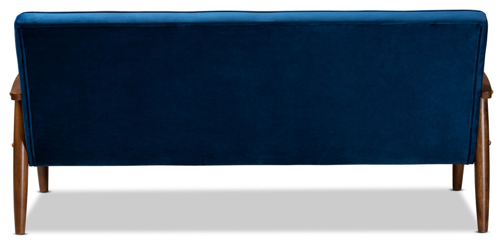 Sorrento Navy Blue Velvet Fabric Walnut Wooden 3-Seater Sofa