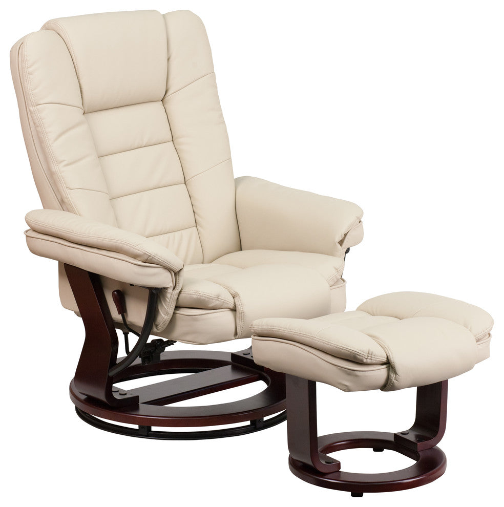 Beige Leather Recliner and Ottoman With Swiveling Mahogany Wood Base